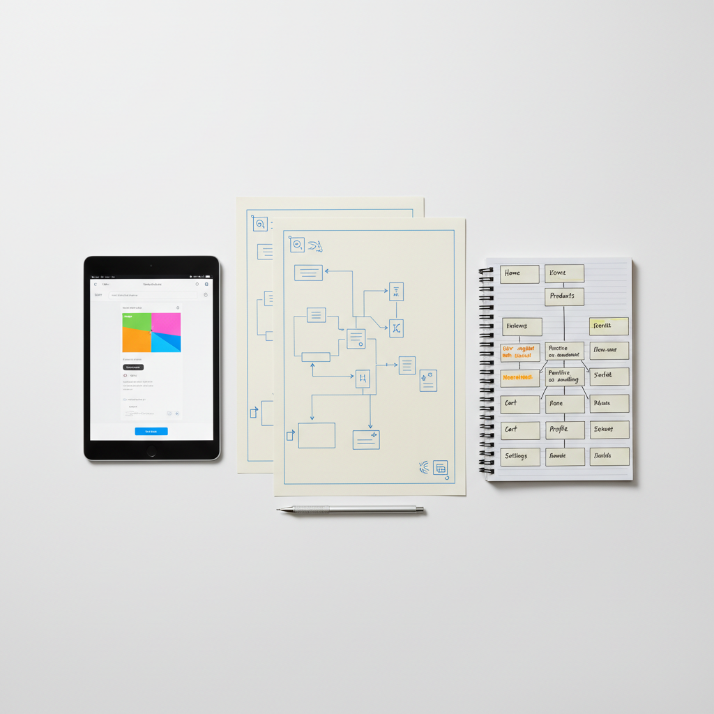 A detailed flat-lay of a UX design process laid out on a matte white tabletop: crisp user flow diagrams on heavy stock paper, a tablet showing an interactive prototype, and neatly aligned usability testing notes with highlighted insights. Small index cards with navigation labels form a tidy sitemap tree. A slim mechanical pencil and a steel ruler rest precisely parallel to the documents. Overhead, soft studio lighting creates even illumination with delicate, almost imperceptible shadows, emphasizing clarity and order. Photographic realism with a top-down, bird’s-eye composition, perfectly squared edges and sharp focus across the frame, communicating structured thinking, Design Ops rigor, and a professional, organized mindset.