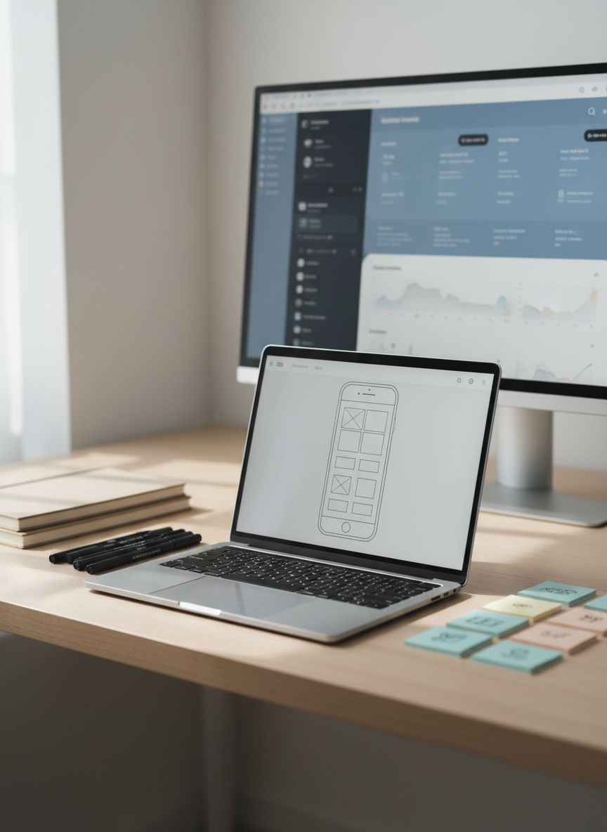 A minimalist UX designer’s workspace with a slim silver laptop open to a grayscale wireframe of a mobile app, placed on a clean, light-wood desk. Around it lie neatly stacked sketchbooks, fine-tip pens, and color-calibrated sticky notes arranged in a tidy grid. A large, ultra-thin monitor in the background displays a polished UI dashboard with muted blues and soft grays. Soft, diffused daylight from an unseen window to the left creates gentle reflections on the metal surfaces and subtle shadows along the desk’s edge. Photographic realism, shot at eye level with a shallow depth of field, keeping the laptop and wireframe in crisp focus while the background softly blurs, conveying a professional, calm, and methodical UX design atmosphere.