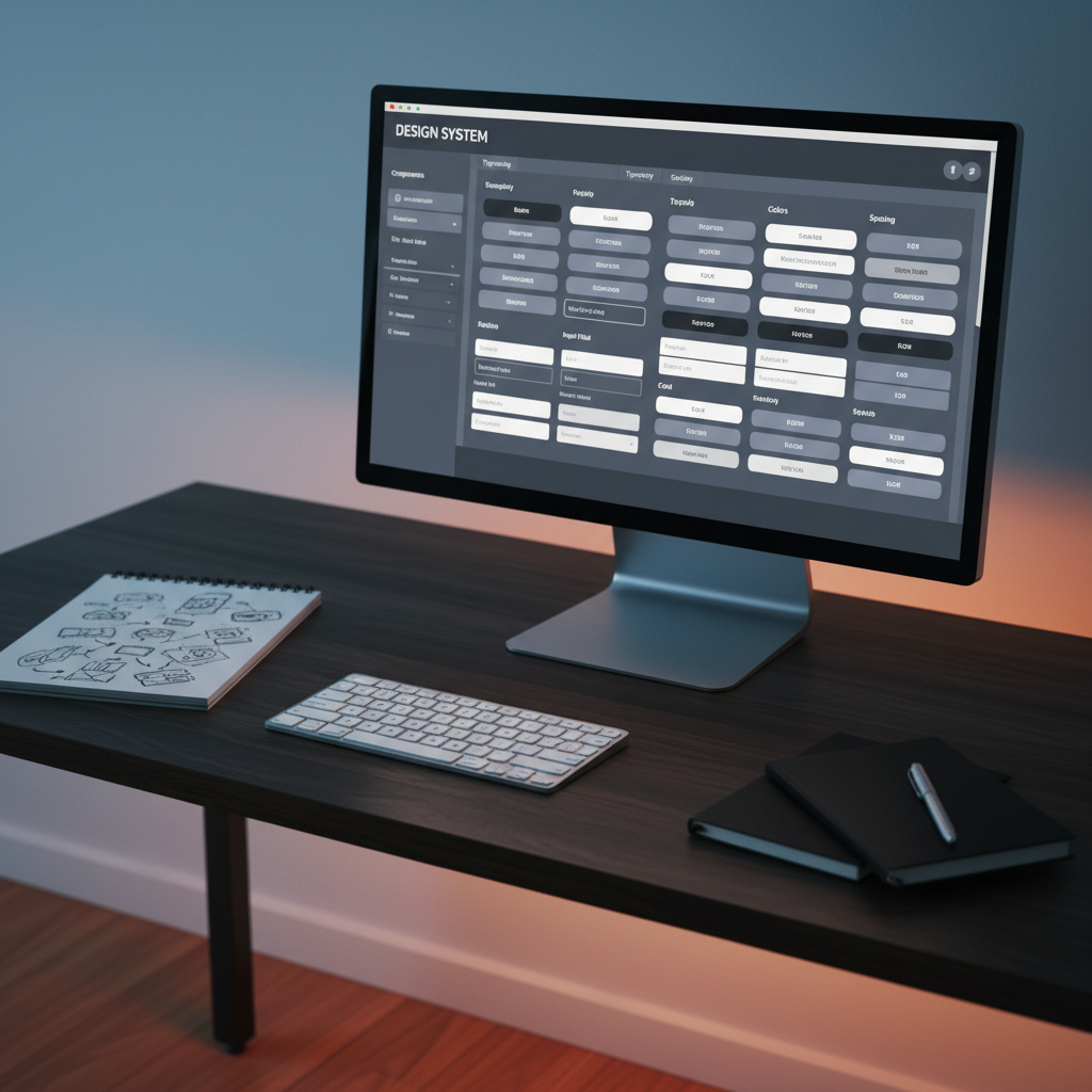 A close-up of a meticulously organized design system library on a high-resolution monitor: components arranged in precise grids, with crisp buttons, form fields, and typography scales in a muted indigo and charcoal palette. Around the monitor, a dark, uncluttered desk holds a compact wireless keyboard, a sketchpad open to hand-drawn component variations, and a single matte-black notebook. Subtle warm LED strip lighting under the desk edge contrasts with cool ambient light from the screen, creating a balanced, professional glow. Photographic realism, shot from a slightly off-center angle with shallow depth of field focusing on the design system, while the desk edges fall gently out of focus, conveying sophistication, scalability, and Design Ops excellence.