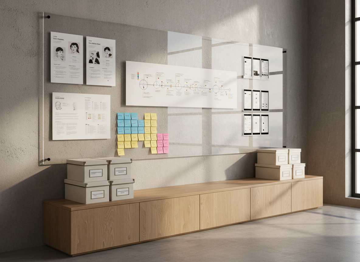 A large, wall-mounted glass board in a modern studio space filled with carefully arranged UX artifacts: printed personas, journey maps with clean iconography, color-coded sticky notes forming prioritized backlogs, and taped-up wireframe sequences. The board stands against a neutral concrete wall with subtle texture, and a low credenza below holds archival boxes labeled with neatly typed tags. Afternoon light streams in from tall windows to the right, casting soft rectangular reflections on the glass and faint shadows on the floor. Photographic realism from a slightly angled, eye-level view, with moderate depth of field so every artifact remains legible. The mood is focused and strategic, emphasizing systematic Design Ops and thoughtful design practice.